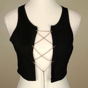 NWOT SHEIN Black Ribbed Chain Lace Up‎ Crop Tank Top Women's Size M